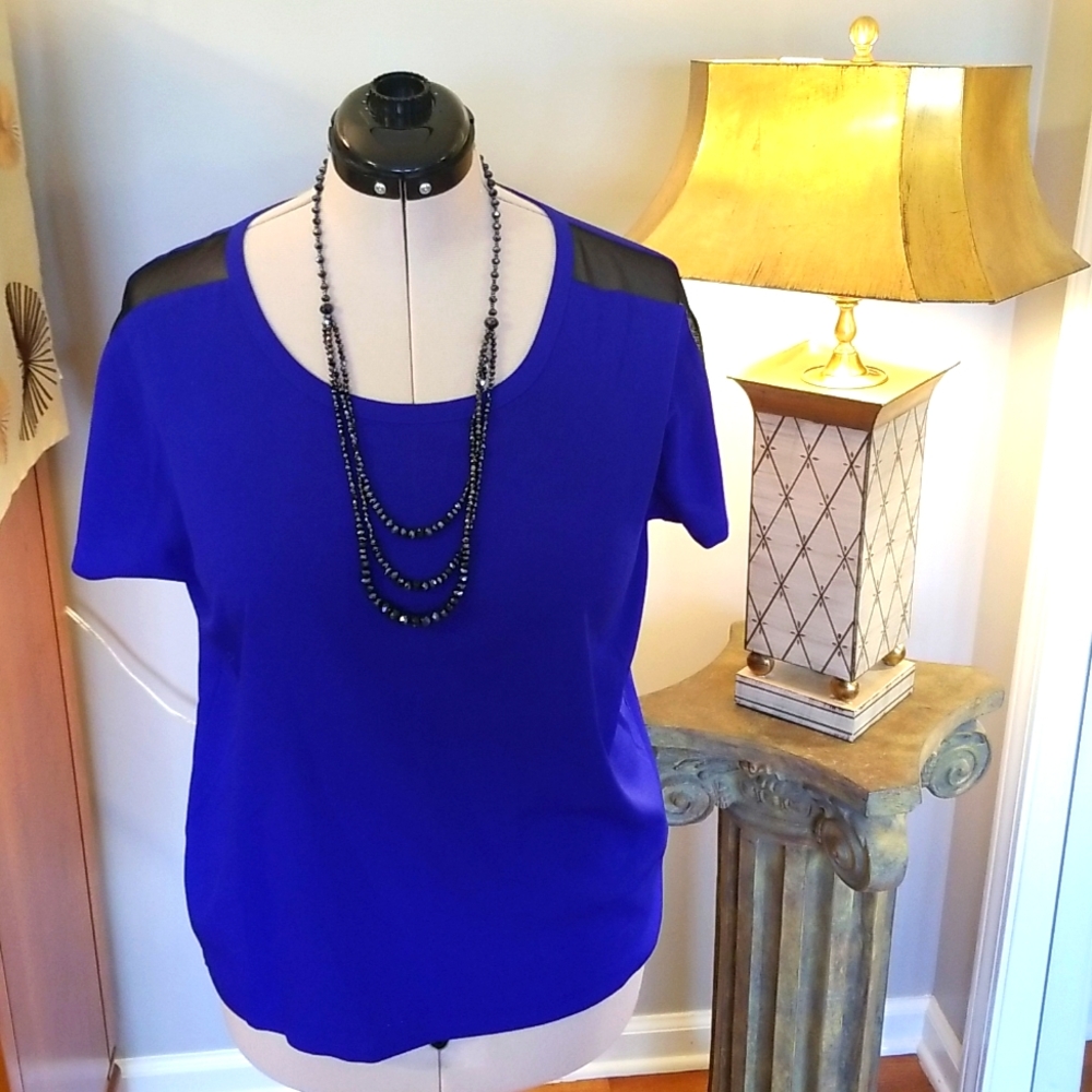 TAHARI Blue Top with Black Mesh Shoulder Accents.
